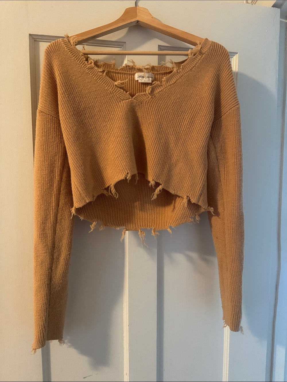 Lovers + Friends Revolve Cropped Distressed V-Neck Sweater in Tan